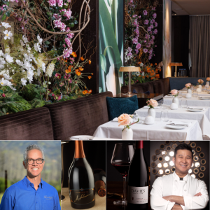 Images (left to right): Ai Fiori interior, Hugh Davies, bottle of J. Schram, bottles of Davies Vineyards Pinot Noir and Chef Yoshi Nonaka